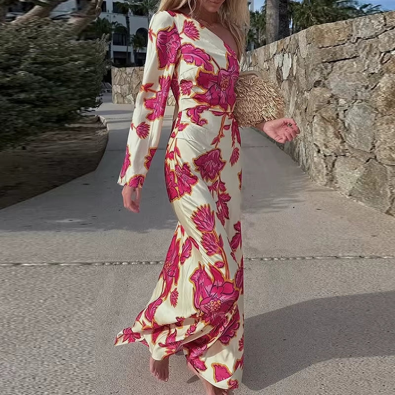 Elegant Bohemian High Waist One Shoulder Long Sleeve Floral Printed Maxi Dress