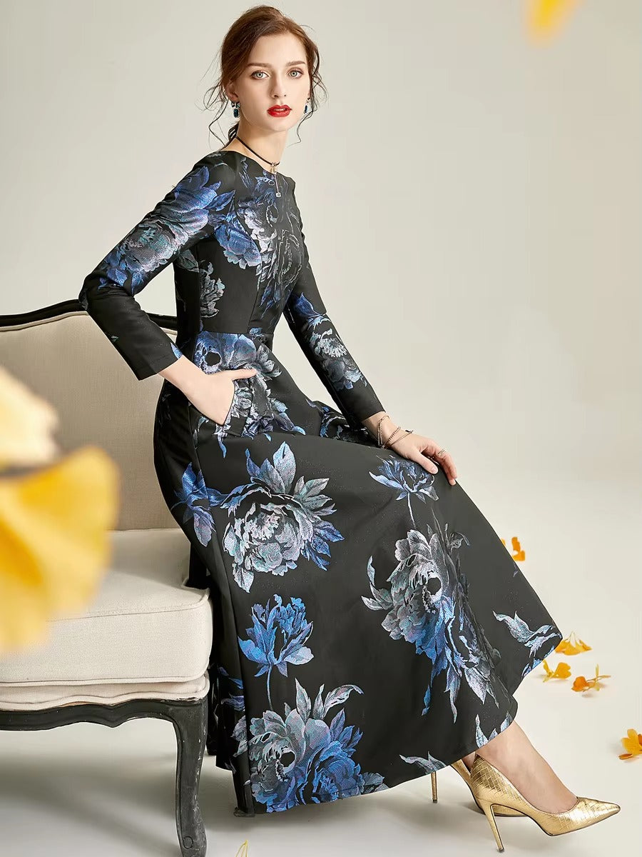Elegant O-Neck Boho Floral Long Sleeve A-LINE Party Slim Maxi Dress
