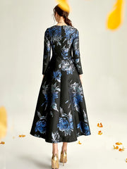 Elegant O-Neck Boho Floral Long Sleeve A-LINE Party Slim Maxi Dress