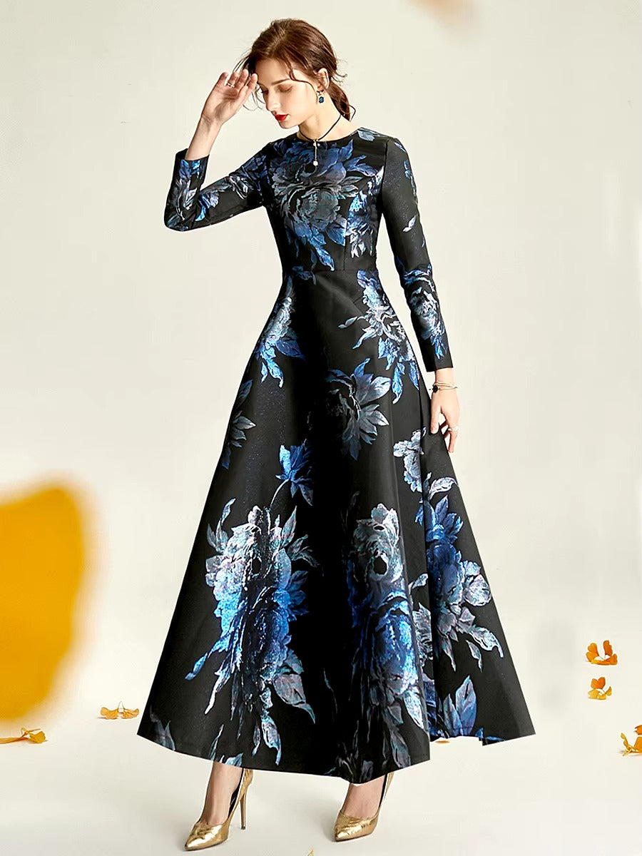 Elegant O-Neck Boho Floral Long Sleeve A-LINE Party Slim Maxi Dress