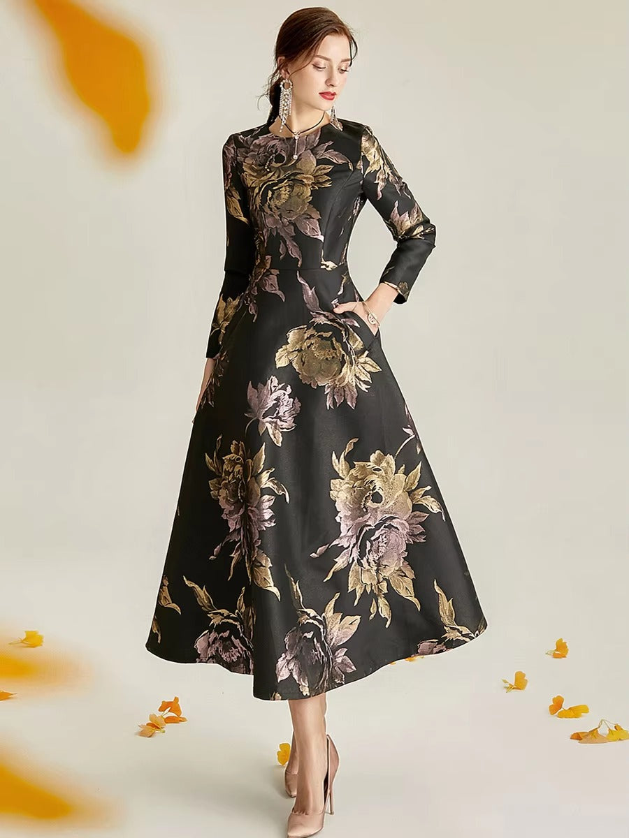 Elegant O-Neck Boho Floral Long Sleeve A-LINE Party Slim Maxi Dress