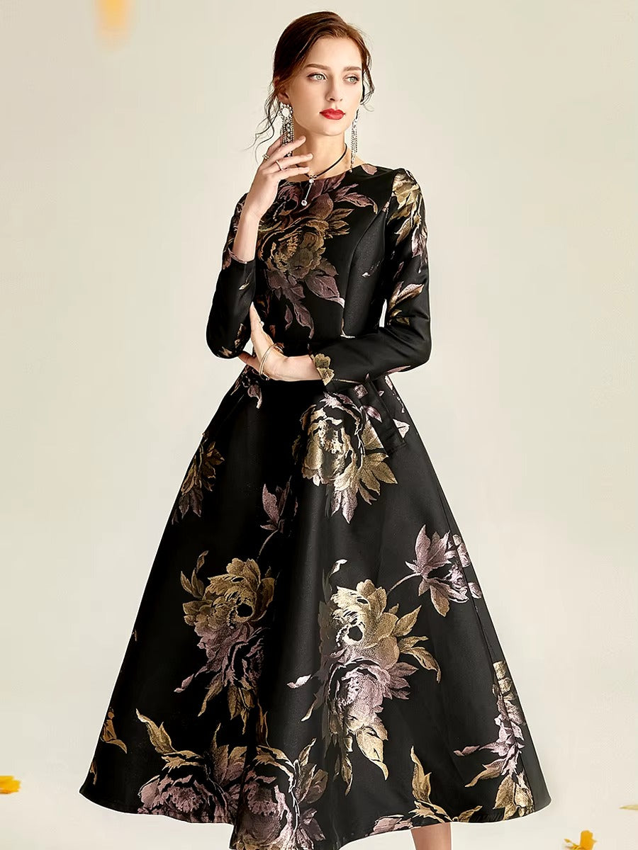 Elegant O-Neck Boho Floral Long Sleeve A-LINE Party Slim Maxi Dress