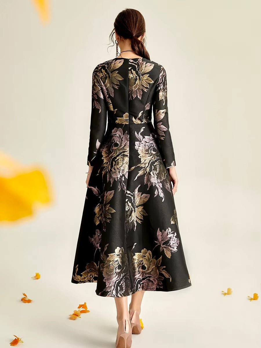 Elegant O-Neck Boho Floral Long Sleeve A-LINE Party Slim Maxi Dress
