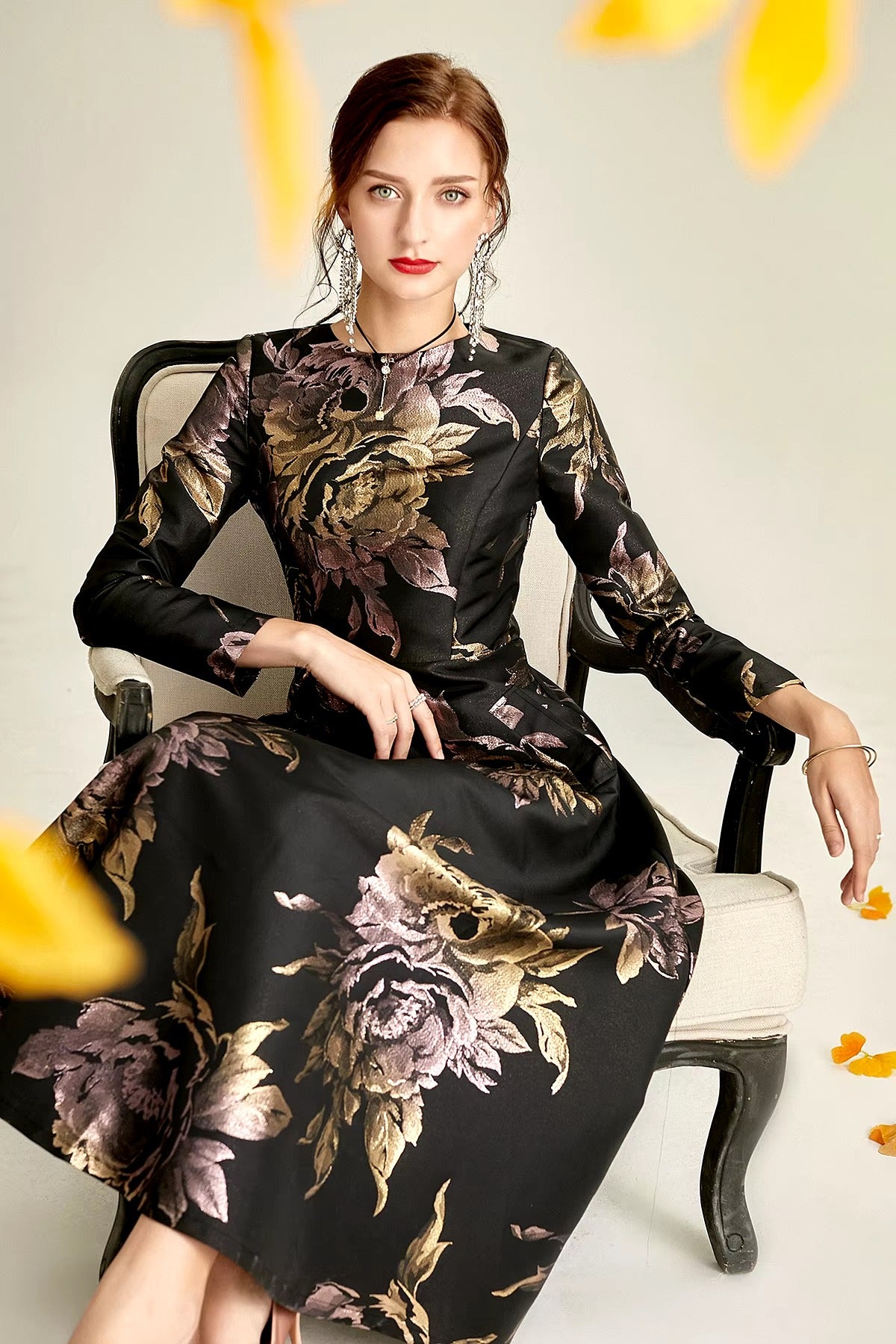 Elegant O-Neck Boho Floral Long Sleeve A-LINE Party Slim Maxi Dress