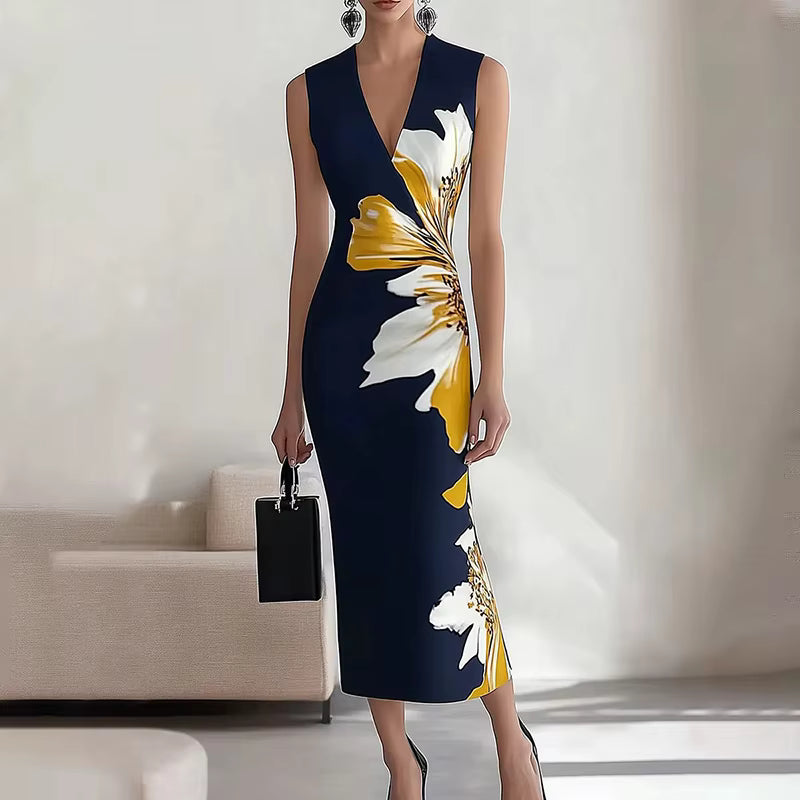 Elegant Boho Office Lady Elegant V-Neck Floral Print Slim Midi Dress
