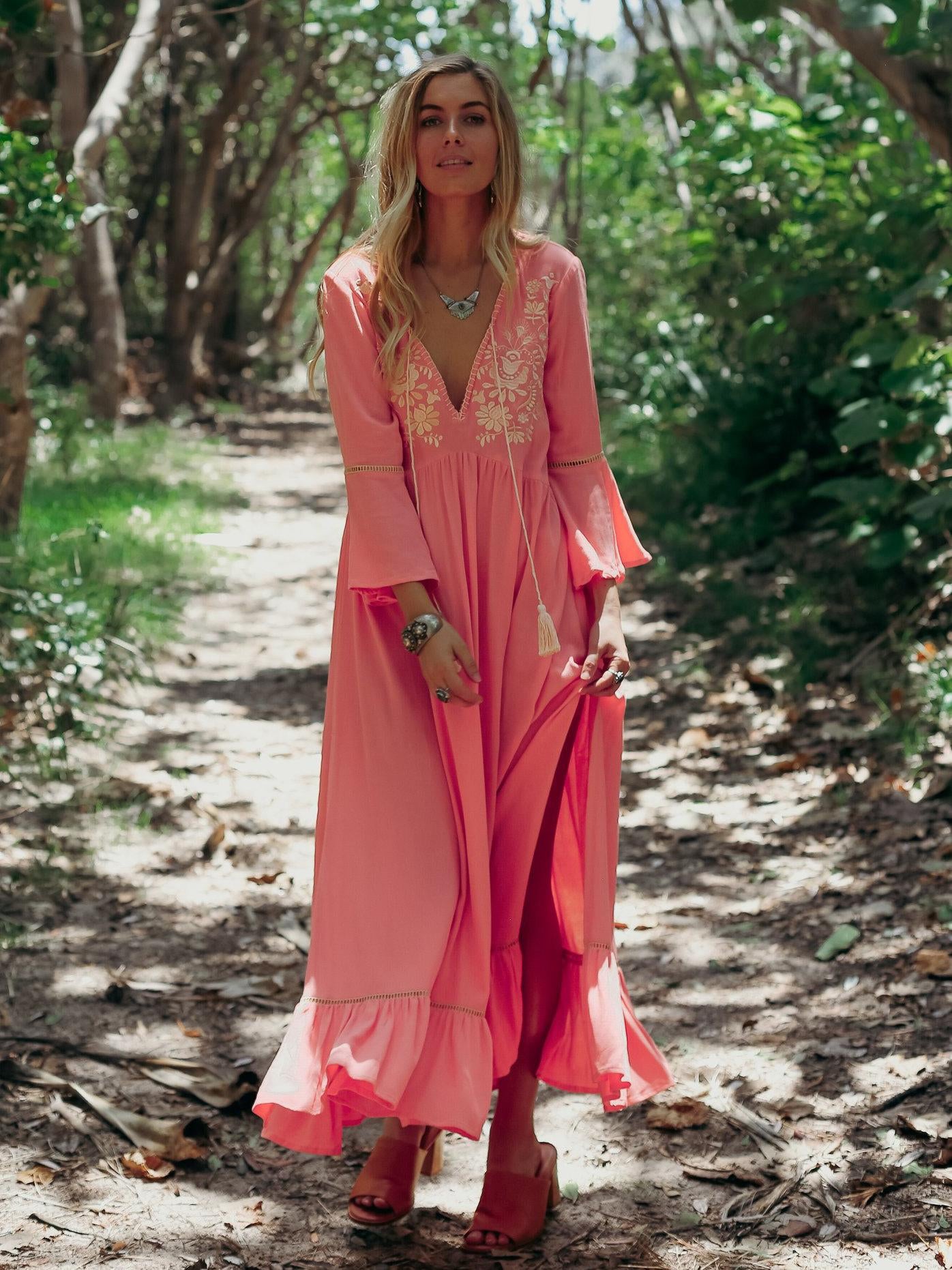 Elegant Boho V Neck Solid Color Floral Print Dress