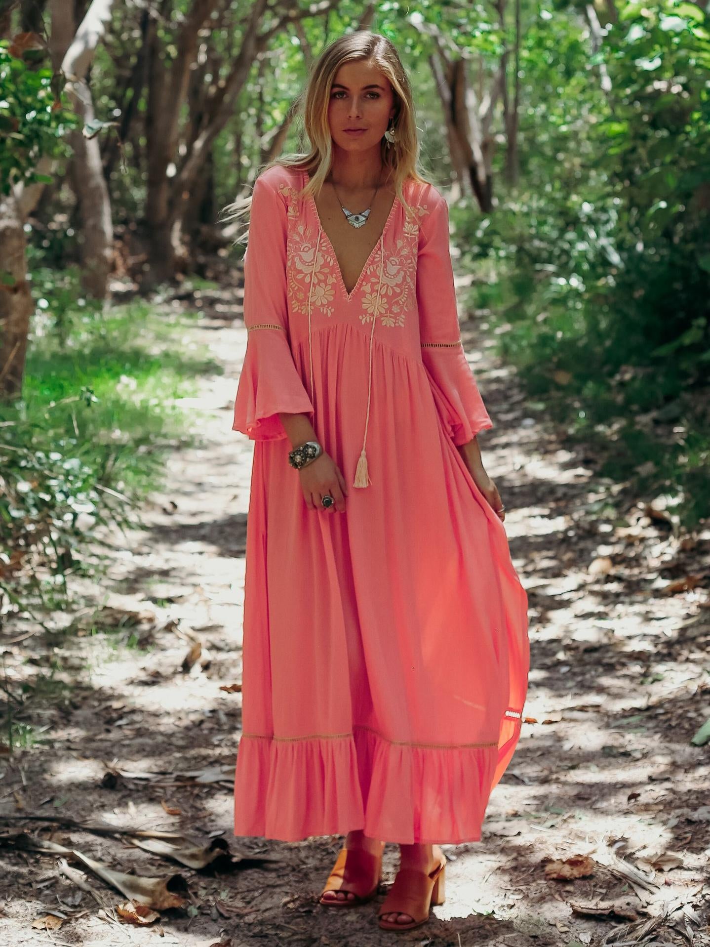 Elegant Boho V Neck Solid Color Floral Print Dress