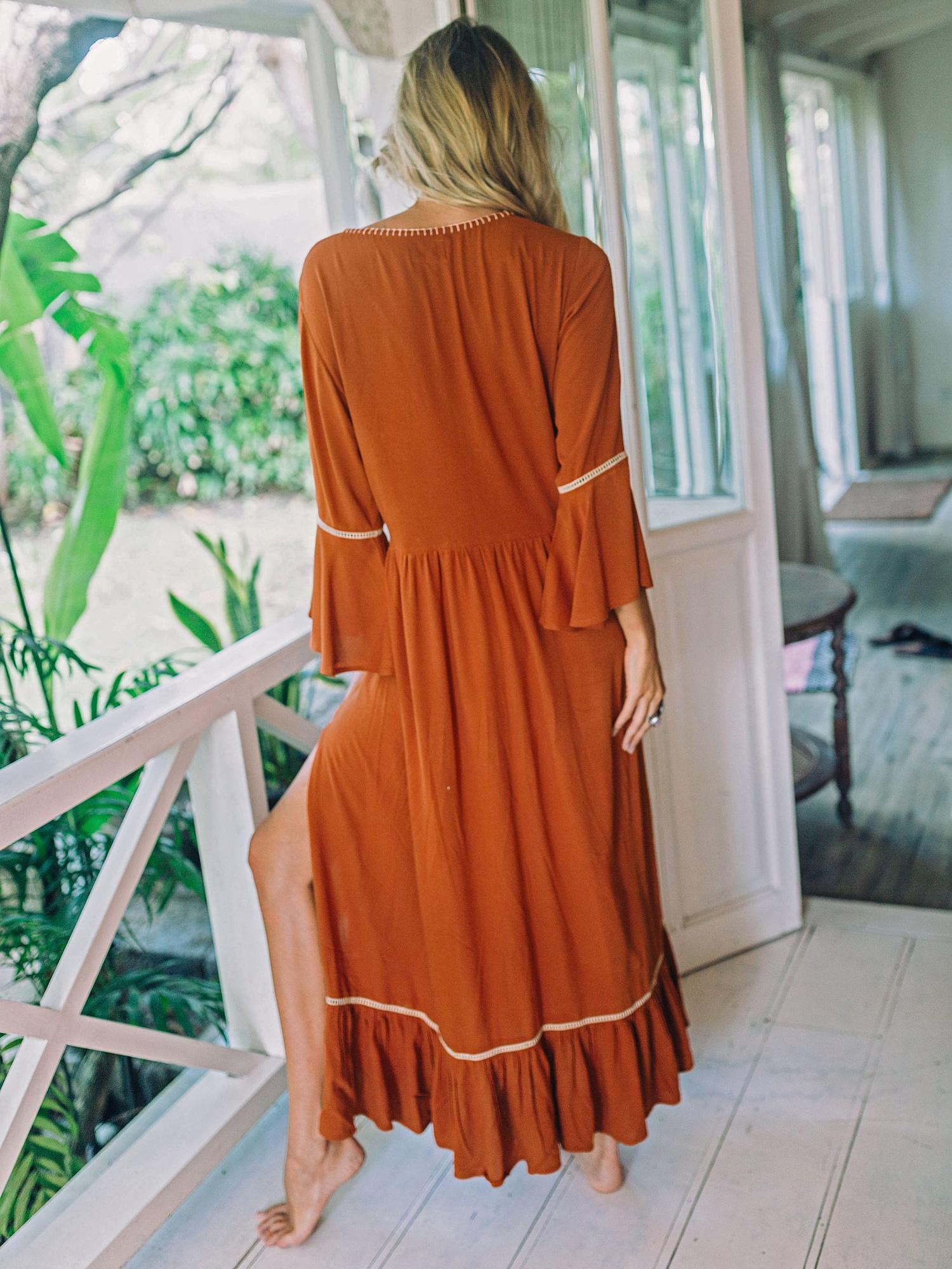 Elegant Boho V Neck Solid Color Floral Print Dress