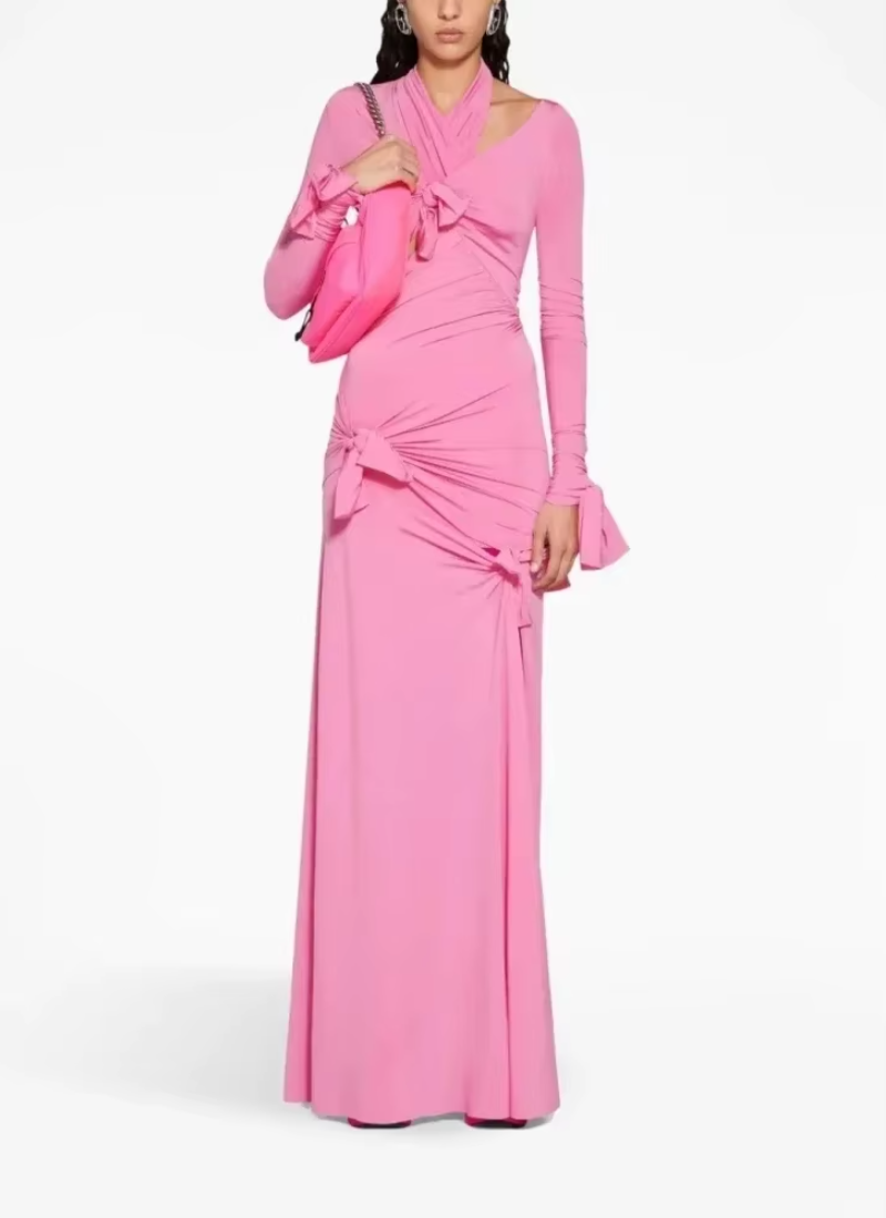 Elegant Bow Cutout Design Long Sleeve Tight Side Slit Party Club Maxi Gown
