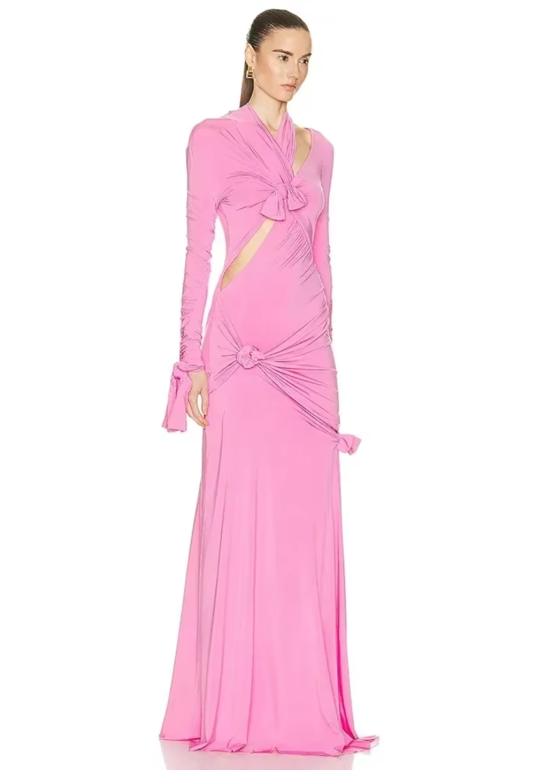 Elegant Bow Cutout Design Long Sleeve Tight Side Slit Party Club Maxi Gown