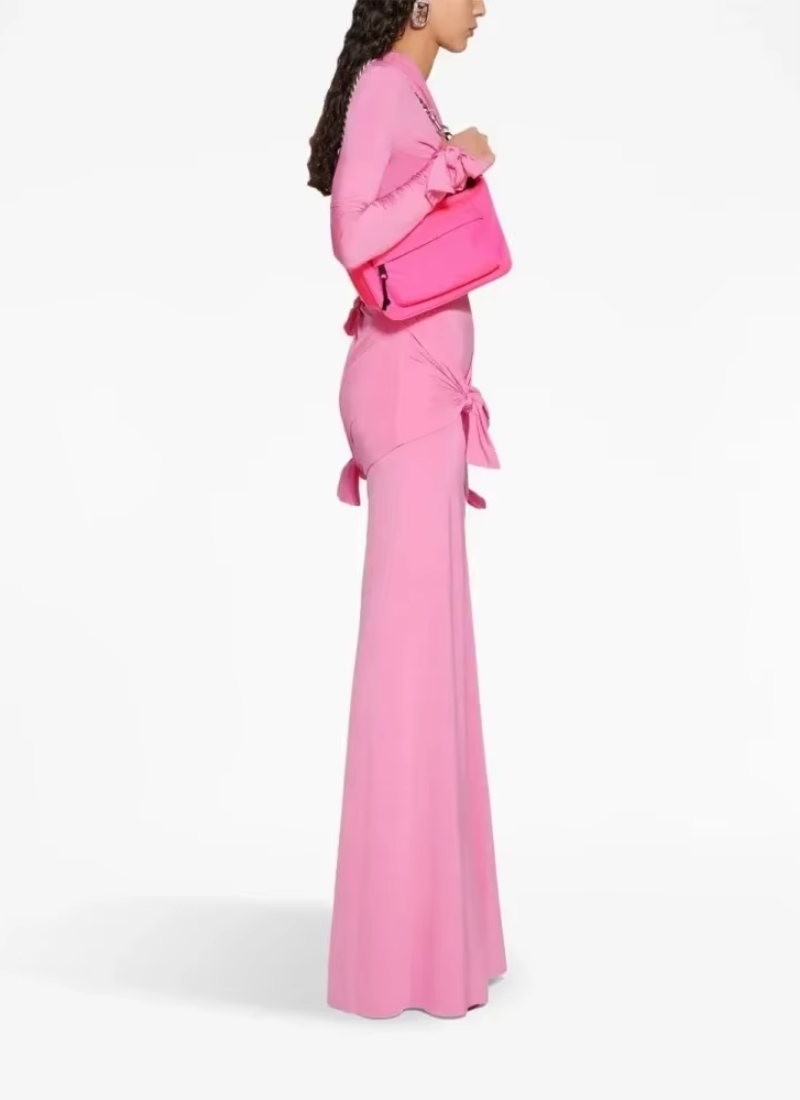 Elegant Bow Cutout Design Long Sleeve Tight Side Slit Party Club Maxi Gown