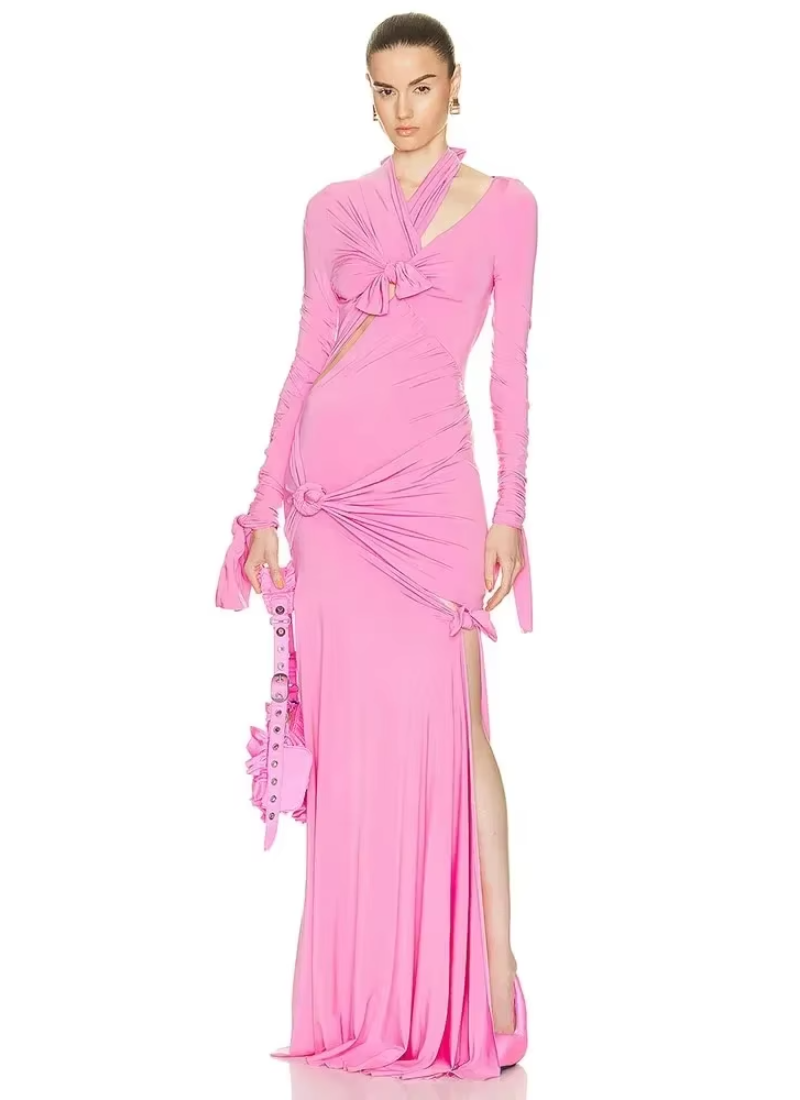 Elegant Bow Cutout Design Long Sleeve Tight Side Slit Party Club Maxi Gown