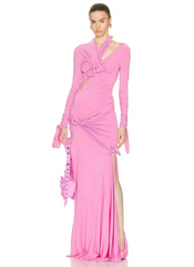 Elegant Bow Cutout Design Long Sleeve Tight Side Slit Party Club Maxi Gown