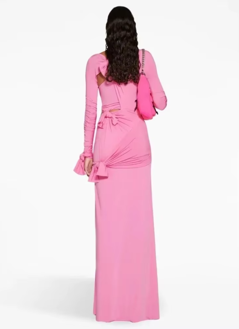 Elegant Bow Cutout Design Long Sleeve Tight Side Slit Party Club Maxi Gown
