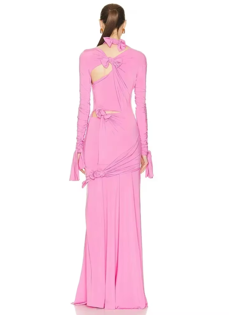 Elegant Bow Cutout Design Long Sleeve Tight Side Slit Party Club Maxi Gown