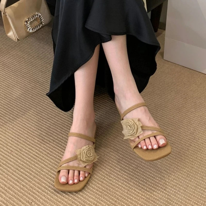 Elegant Bow Design Brand Slippers Square Toe Narrow Band Slide Sandals Open Toe Beach Sandals Sandalias Mujer