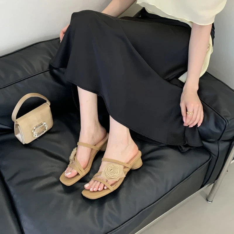 Elegant Bow Design Brand Slippers Square Toe Narrow Band Slide Sandals Open Toe Beach Sandals Sandalias Mujer