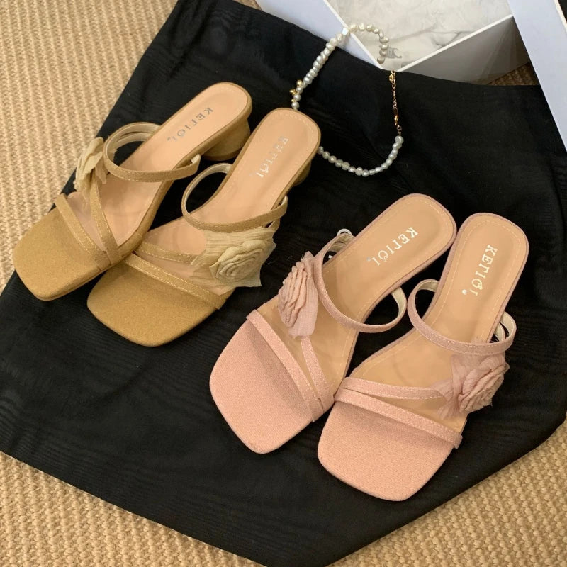 Elegant Bow Design Brand Slippers Square Toe Narrow Band Slide Sandals Open Toe Beach Sandals Sandalias Mujer