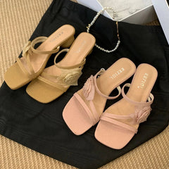 Elegant Bow Design Brand Slippers Square Toe Narrow Band Slide Sandals Open Toe Beach Sandals Sandalias Mujer