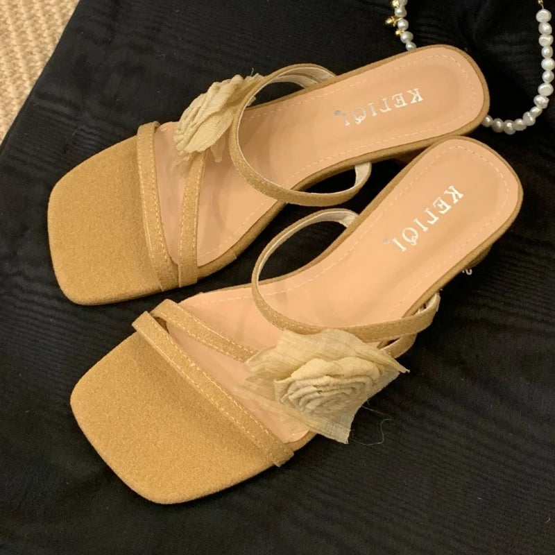 Elegant Bow Design Brand Slippers Square Toe Narrow Band Slide Sandals Open Toe Beach Sandals Sandalias Mujer