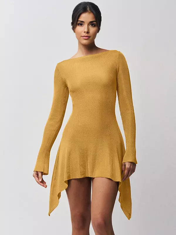 Elegant Bow Open Back Long Sleeve Bodycon Mini Dress