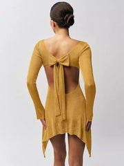 Elegant Bow Open Back Long Sleeve Bodycon Mini Dress