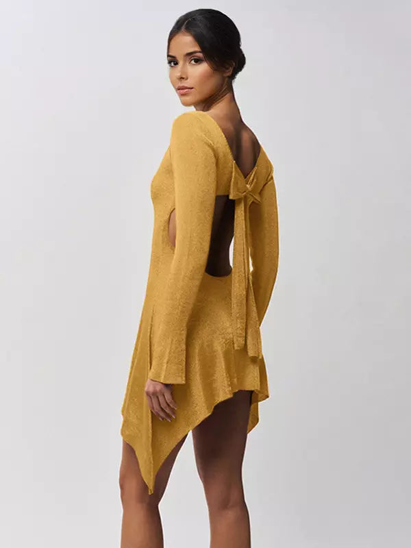 Elegant Bow Open Back Long Sleeve Bodycon Mini Dress