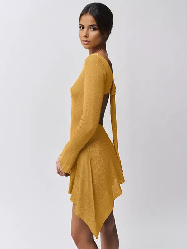 Elegant Bow Open Back Long Sleeve Bodycon Mini Dress