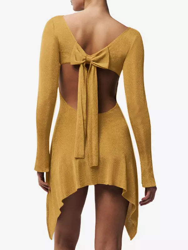 Elegant Bow Open Back Long Sleeve Bodycon Mini Dress