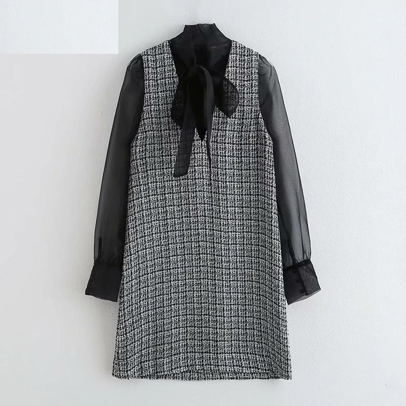 Elegant Bow Tie Collar Patchwork Daily Casual Mini Dress