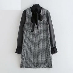 Elegant Bow Tie Collar Patchwork Daily Casual Mini Dress