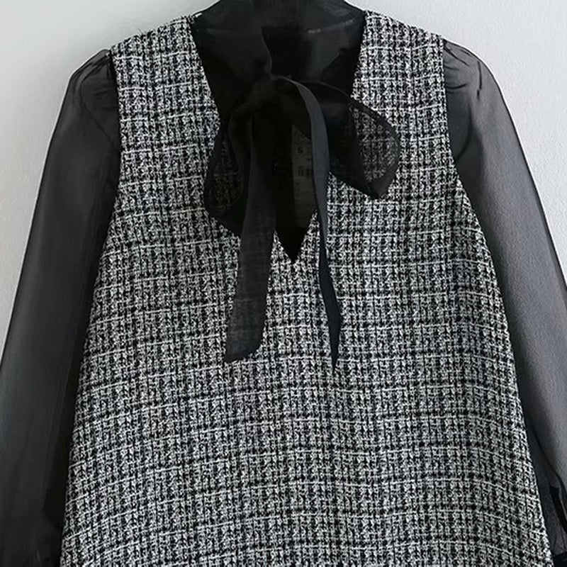 Elegant Bow Tie Collar Patchwork Daily Casual Mini Dress