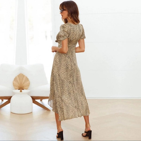 Elegant Bow Tie Puff Sleeve Midi Dress