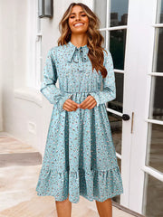 Elegant Bows Floral Print Tie-Neck With Long Sleeve Midi Dress