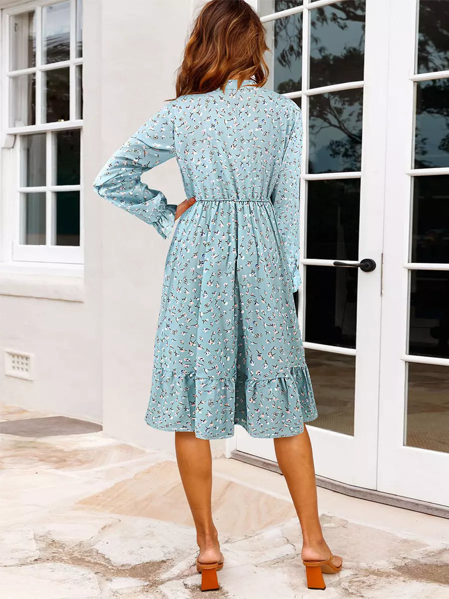 Elegant Bows Floral Print Tie-Neck With Long Sleeve Midi Dress