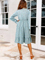 Elegant Bows Floral Print Tie-Neck With Long Sleeve Midi Dress