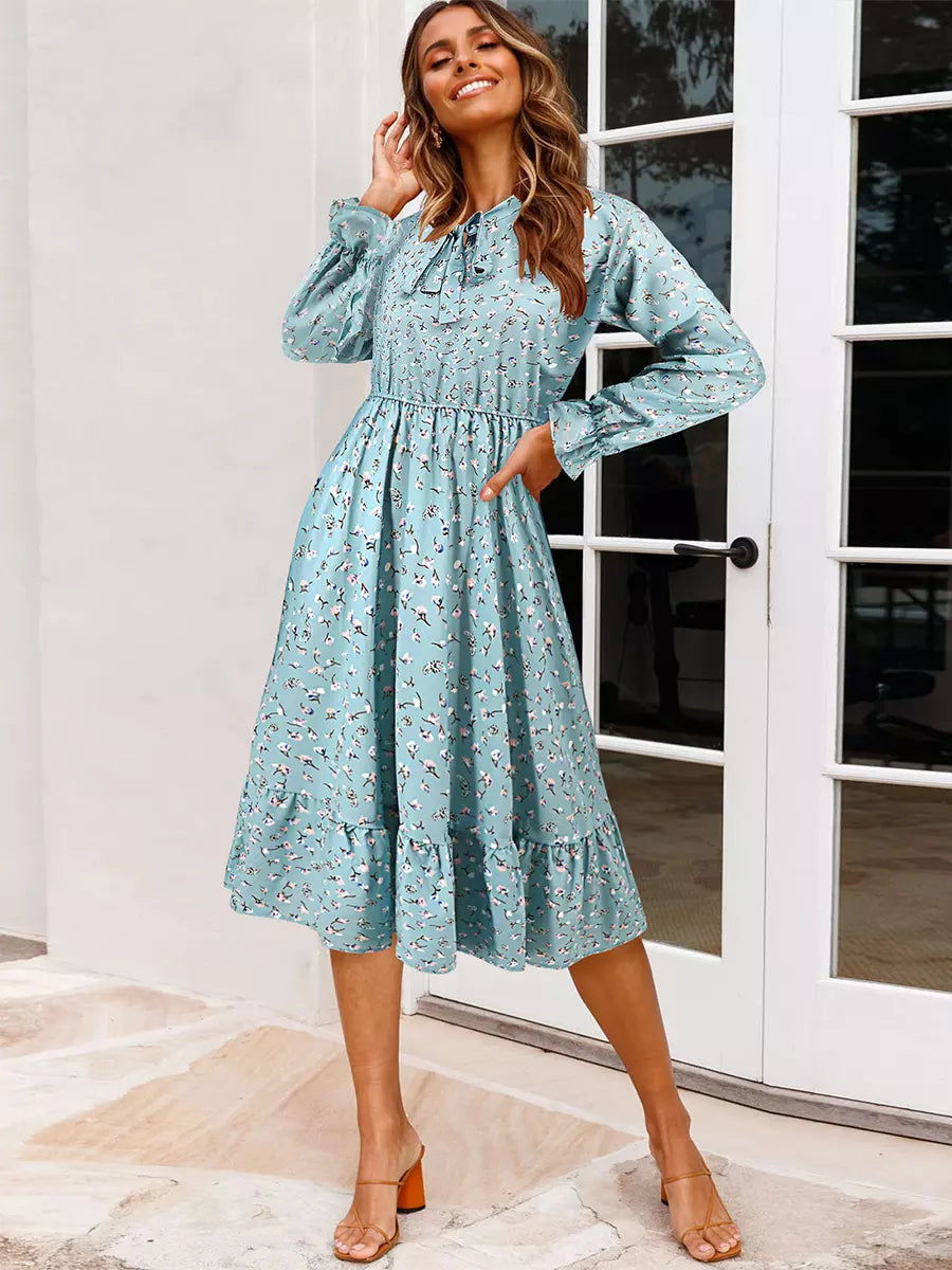 Elegant Bows Floral Print Tie-Neck With Long Sleeve Midi Dress