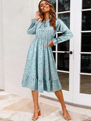 Elegant Bows Floral Print Tie-Neck With Long Sleeve Midi Dress