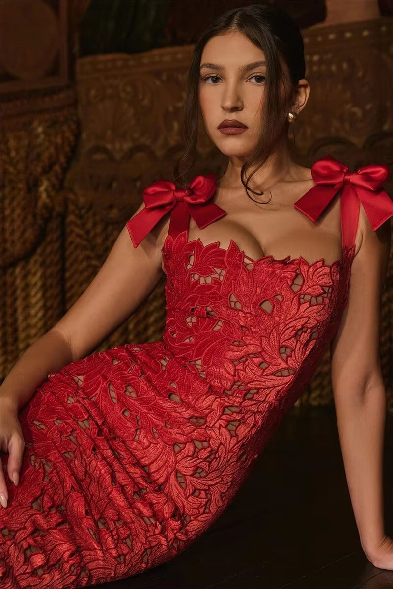 Elegant Bows Lace Birthday Party Bodycon Maxi Dress