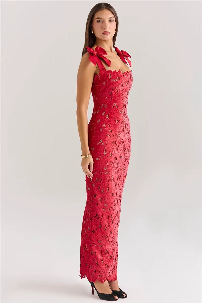 Elegant Bows Lace Birthday Party Bodycon Maxi Dress