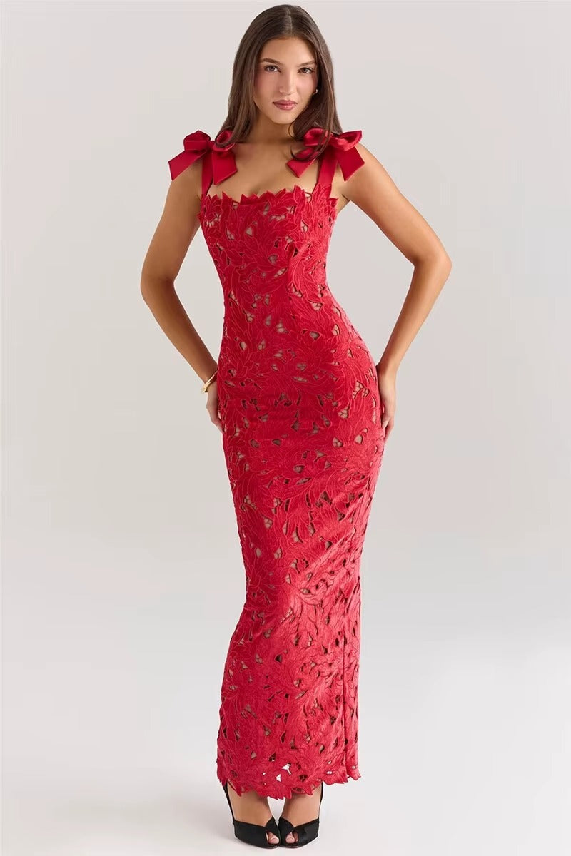 Elegant Bows Lace Birthday Party Bodycon Maxi Dress