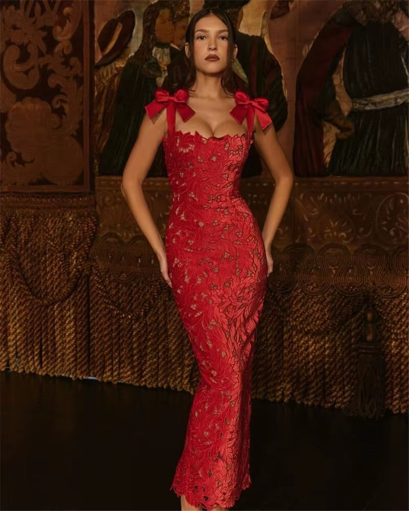 Elegant Bows Lace Birthday Party Bodycon Maxi Dress