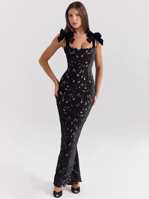 Elegant Bows Lace Birthday Party Bodycon Maxi Dress
