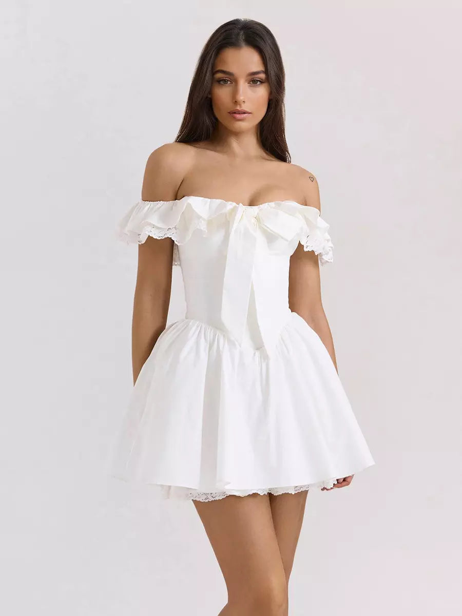 Elegant Bows Ruffles Off-Shoulder Mini Dress With Ruffle Trim