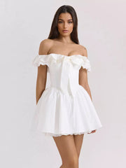 Elegant Bows Ruffles Off-Shoulder Mini Dress With Ruffle Trim