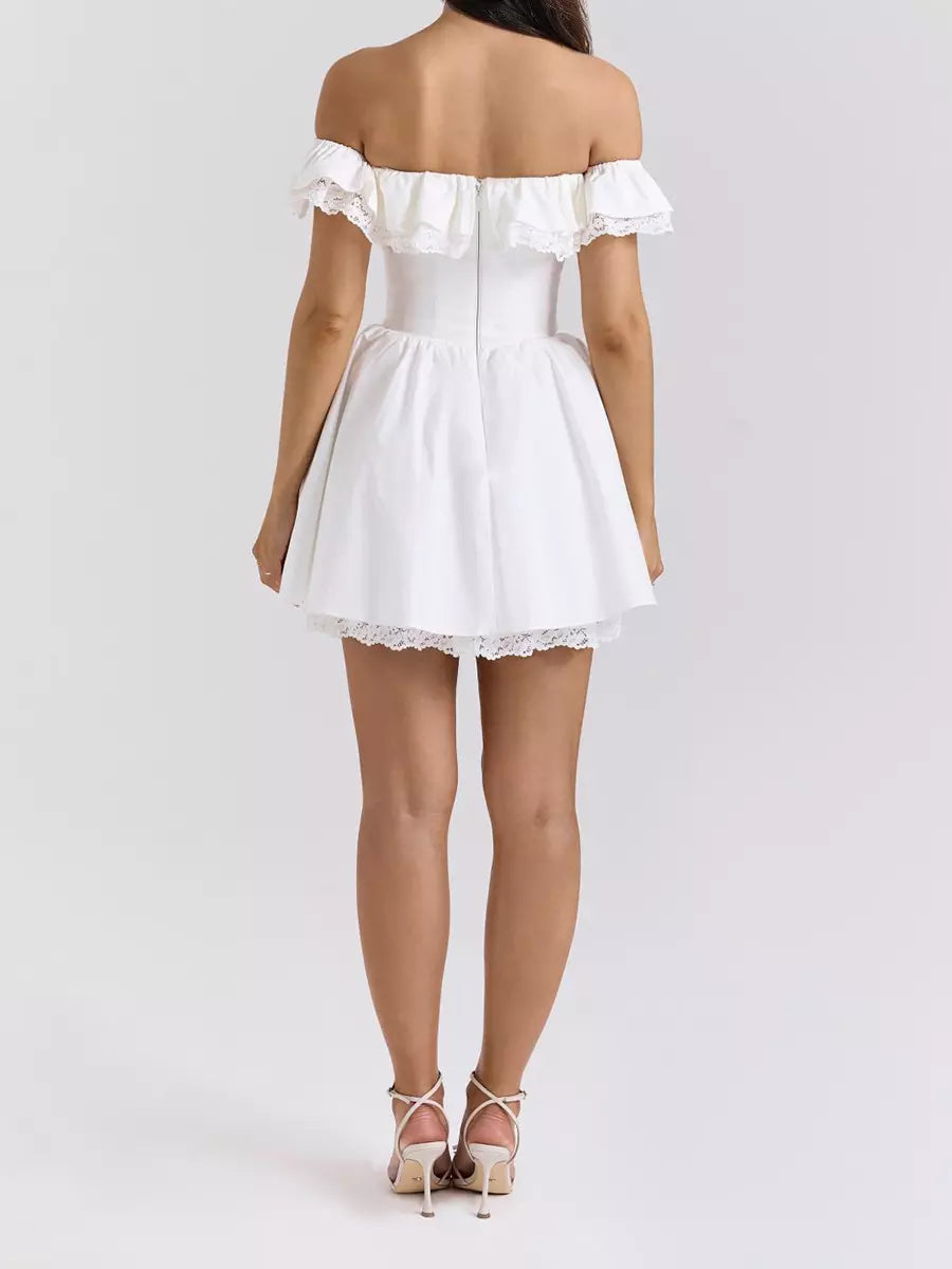 Elegant Bows Ruffles Off-Shoulder Mini Dress With Ruffle Trim