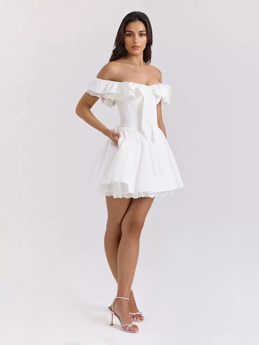 Elegant Bows Ruffles Off-Shoulder Mini Dress With Ruffle Trim
