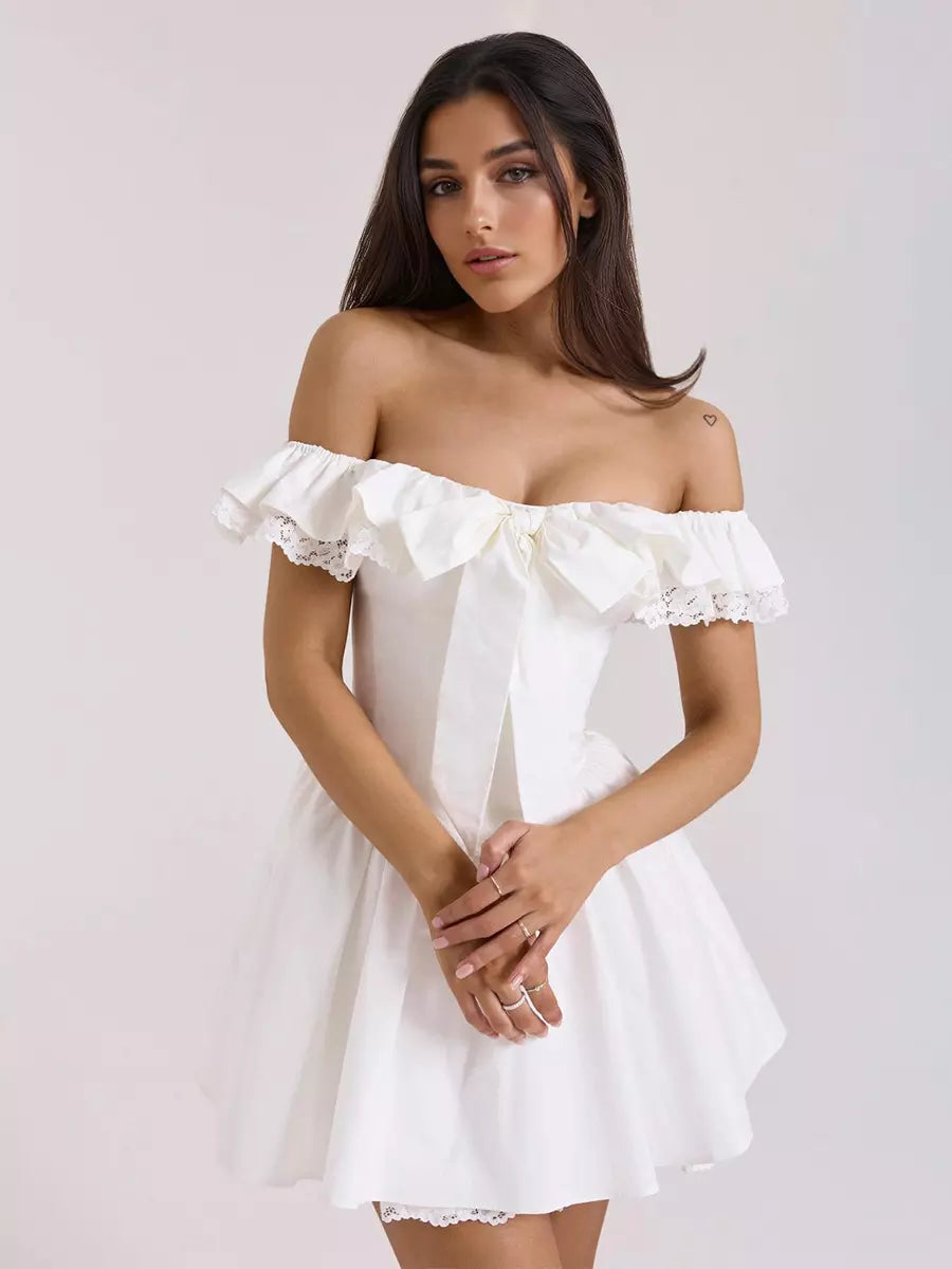 Elegant Bows Ruffles Off-Shoulder Mini Dress With Ruffle Trim