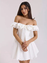 Elegant Bows Ruffles Off-Shoulder Mini Dress With Ruffle Trim