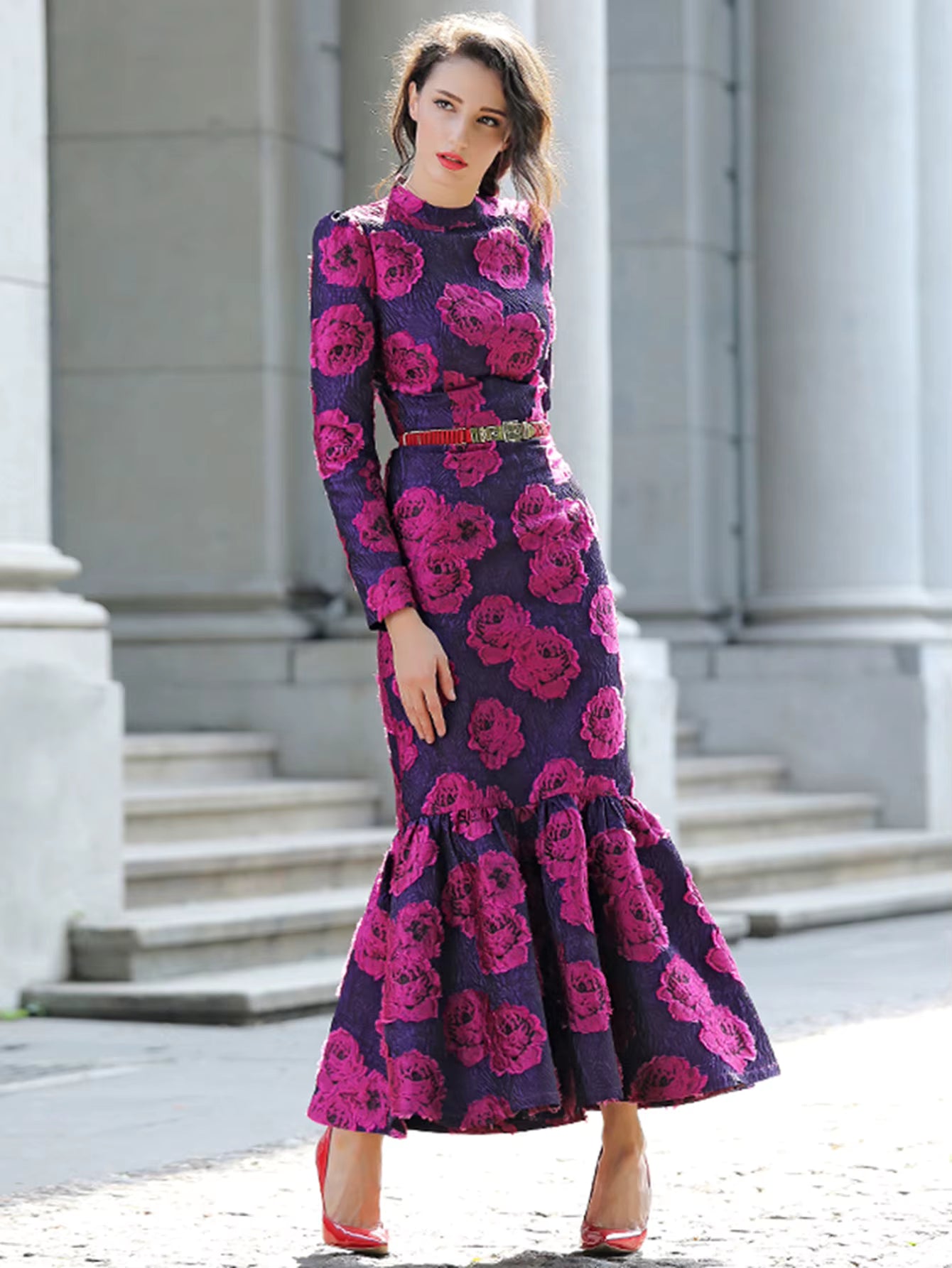 Elegant Brocade Vintage Flowers Slim Clothing Stand Collar Maxi Dresses
